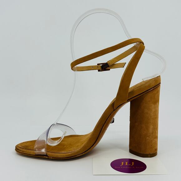 Schutz Women's Geisy Toasted Nut Suede Illusion Ankle Strap Block Heels Size 7.5 - Picture 8 of 11